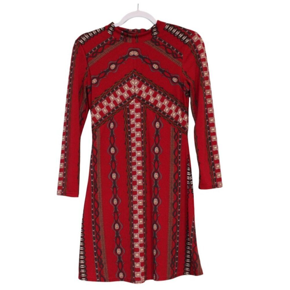 Free People Mini Dress XS Boho Gypsy Long Sleeve Knit Hippie Festival Stretch